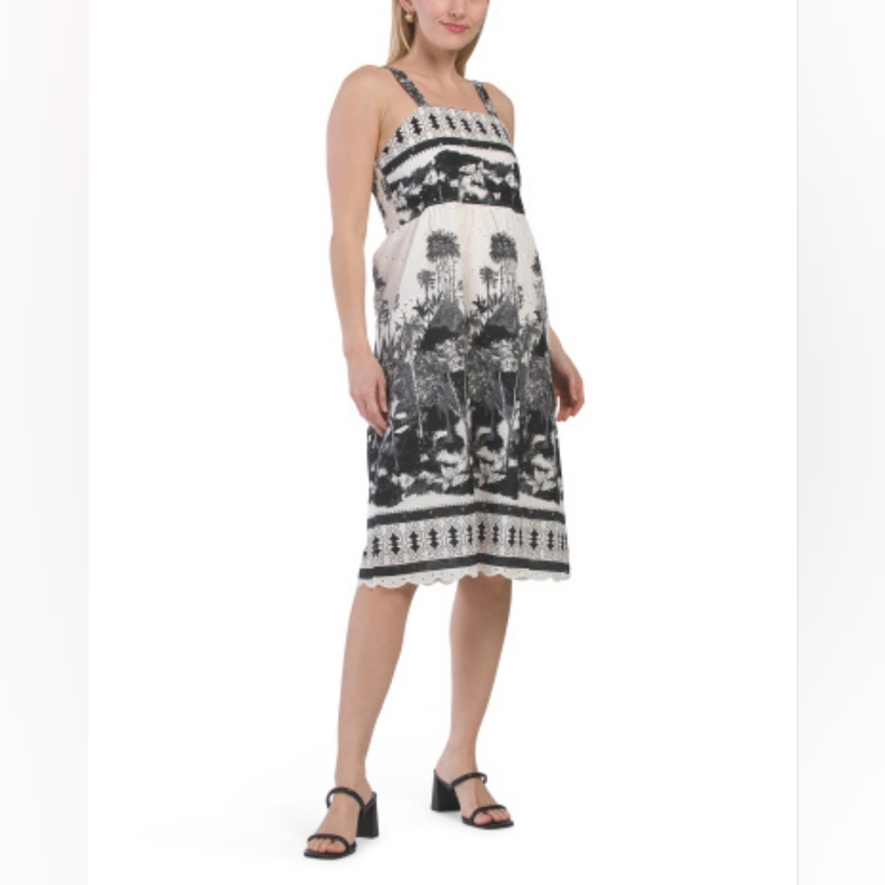 NWT - Cotton Italy Lungo L'Arno Safari Print Eyelet Detail Smocked Back Midi- L